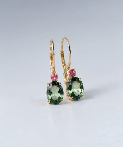 Elegant Tourmaline Earrings in Gold with Green and Rosy Red Stones